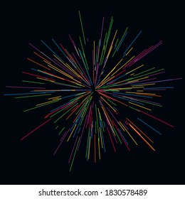 Painted fireworks. Colorful layout. Vector illustration. Rays of fireworks Dynamic style. Abstract explosion, speed motion lines from the middle. Vector illustration