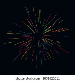 Painted fireworks. Colorful layout. Vector illustration. Rays of fireworks Dynamic style. Abstract explosion, speed motion lines from the middle. Vector illustration