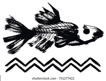 Painted fish icon with zig zag line, vector illustration