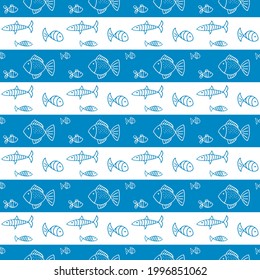 Painted fish on a striped background. Seamless pattern. The print is white and blue.