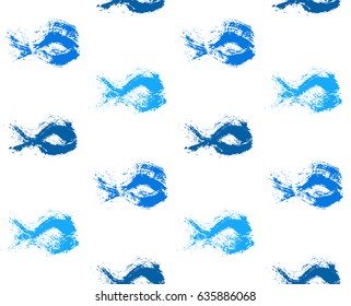 Painted fish pattern. Seamless blue background. Hand drawn brush strokes graphic print. Sketchy vector. Grunge design. For wallpaper, furniture fabric, fashion textile.