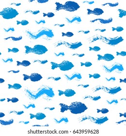 Painted fish pattern. Seamless blue wave background. Hand drawn brush strokes graphic print. Sketchy vector. Grunge design. For wallpaper, furniture fabric, fashion textile.