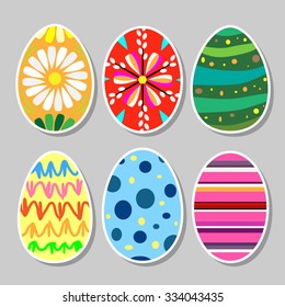 Painted flat design Easter eggs. Six versions - flower, pussy willow, strips, dots and children's drawing. Vector illustration.