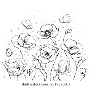 Painted floral frame with black and white poppies and butterflies with gold dots in art-line style. Template design congratulatory postcard, banner, post, social media, cover. Vector illustration 
