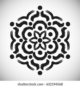 Painted flower logo vector. Floral shape from black brush strokes on white background. Abstract geometric pattern. Decorative round ornament. Unusual mandala background. Grunge texture illustration.