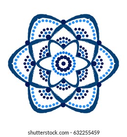 Painted flower logo vector. Floral shape from blue brush strokes on white background. Stylized dots pattern. Decorative round ornament. Unusual mandala background. Grunge texture illustration.