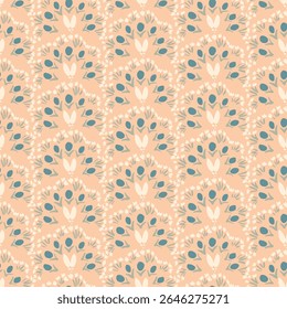 Painted flowers arranged to form an abstract peacock shape in colors of blue, off white and green on cream background. Maximalist botanical seamless vector pattern. Great for home decor, fabric, gifts
