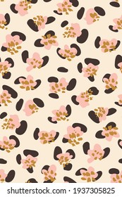 Painted flowers with black details giving a leopard print vibe. Abstract animal vector pattern in pink, yellow, black on off-white. Great for home decor, fabric, wallpaper, gift-wrap, stationery, etc