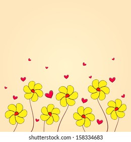 Painted flowers with flying hearts. Valentine's day card with beautiful flowers