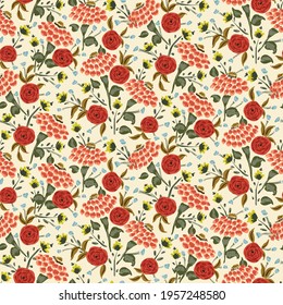 Painted flowers in retro colors - orange, red, green, yellow on cream. Marigolds and roses in retro floral seamless vector pattern. Great for home décor, fabric, wallpaper, gift wrap, stationery, etc.