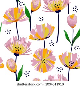 Painted flowers seamless vector  Abstract  pattern with isolated hand drawn florals on white background.  illustration.