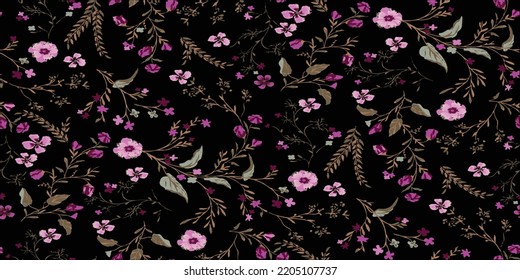 Painted flowers . seamless vector background. pink and purple vector flowers with green vector leaves. seamless flowers pattern. seamless pattern. floral vector watercolor pattern