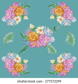 Painted flowers,  seamless vector background. Watercolor pattern.