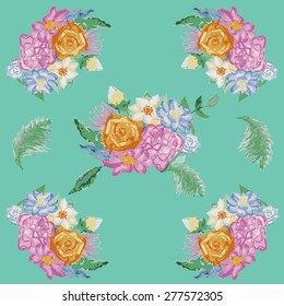 Painted flowers,  seamless vector background. Watercolor pattern.