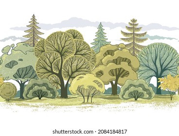 The painted forest with different kinds of trees is very detailed. Vector illustration