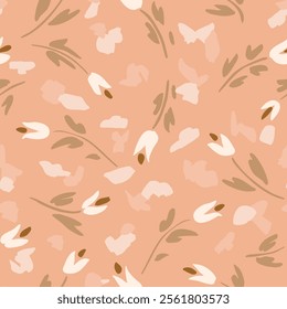 Painted fragments put together as beautiful garden of flowers and leaves in subtle palette of off white, pink, cream and green on peach background. Floral seamless vector pattern. Great for home decor