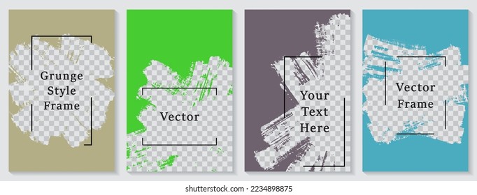 Painted frame social media story post template set. Grunge banner design vector collection. Empty space transparent background. Social media grunge story publications.  Editable blog posters