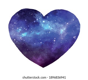Painted Galaxy in Heart Shapes Isolated on White Background. Happy Valentine's Day Watercolor