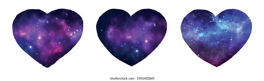 Painted Galaxy in Heart Shapes Isolated on White Background. Happy Valentine's Day