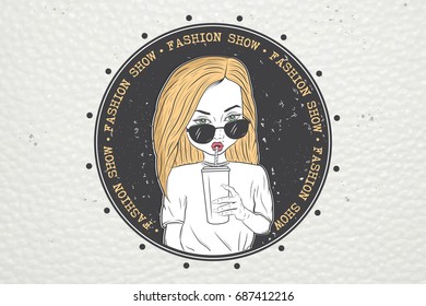 A painted girl drinking juice, tea, coffee. Fashion show. Flat vector illustration