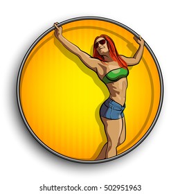 Painted girl in round. Comic Lady on circle. Cartoon woman. Drawing sportswoman.