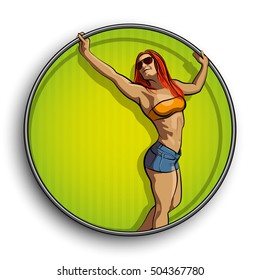 Painted girl in round. Comic Lady on circle. Cartoon woman. Drawing sportswoman.
