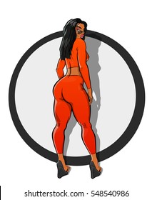 Painted girl in round. Comic Lady on circle. Cartoon woman. Drawing sportswoman.