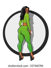 Painted girl in round. Comic Lady on circle. Cartoon woman. Drawing sportswoman.