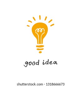 Painted glowing light bulb. Good idea. Vector free hand drawn logo. Can be used for different designs, for example a print on a t-shirt.