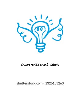 Painted glowing light bulb and wings. Inspirational idea. Vector free hand drawn logo. Can be used for different designs, for example a print on a t-shirt.