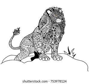 Painted graphic ornate lion with doodle pattern, vector illustration for coloring, tattoo, printing on t-shirt. Isolated over white background