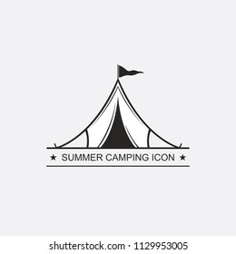Painted graphic tent for travel and recreation in a camping. Vector label, icon for the design of a summer children's camp. Logotype, Logo
