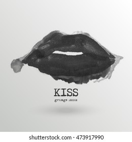 Painted Gray Lips. Abstract design. Grunge love element. Usable banner, cards, posters, label, logo, badge. Wallpaper with empty space for your text. Vector illustration.