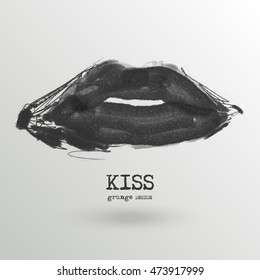 Painted Gray Lips. Abstract design. Grunge love element. Usable banner, cards, posters, label, logo, badge. Wallpaper with empty space for your text. Vector illustration.