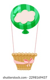 Globo verde pintado con cesta y arco, elemento de diseño aislado sobre fondo blanco. Estilo de caricatura para decorar tarjetas de felicitación, ducha de bebé, cumpleaños, día de la madre, día de San Valentín. Vector 