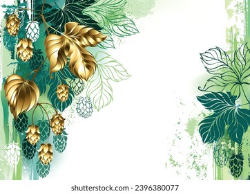 Pintado de pintura verde, fondo claro, decorado con ramas de lúpulos dorados, brillantes y de joyería con hermosos conos dorados. Salto dorado. Arte vector dibujado a mano.