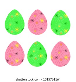 Painted with green and pink spring pattern fill easter eggs isolated on white background. Vector design in flat style.
