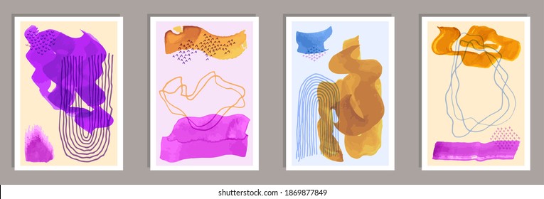 Colección vectorial de banners grunge pintados. Patrones de manchas acuáticas. Diseño de estilo años 60. Plantillas de banners para jóvenes. Elementos resquebrajadores.