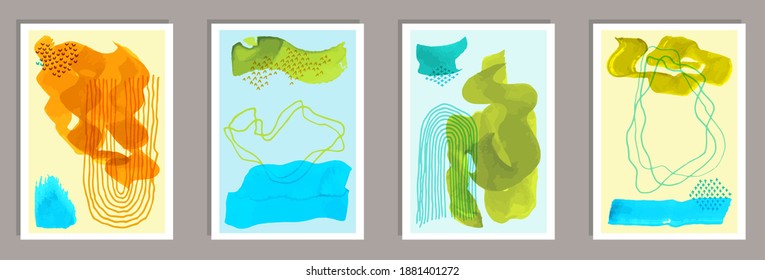 Painted grunge covers vector collection. Watercolor smears backgrounds. 50s style prints. Cool home decor layouts. Scribble elements.