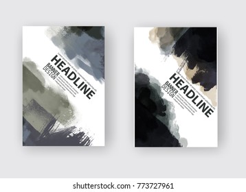 Painted grunge poster element. Khaki ink vector banner set stains isolated on white. Backgrounds for design. Hand drawn vector illustration on white background. Brush strokes vector.