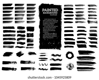 Painted grunge stripes set. Black labels, background, paint texture. Brush strokes vector. Handmade design elements.