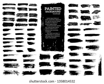 Painted grunge stripes set. Black labels, background, paint texture. Brush strokes vector. Handmade design elements. Vector illustration