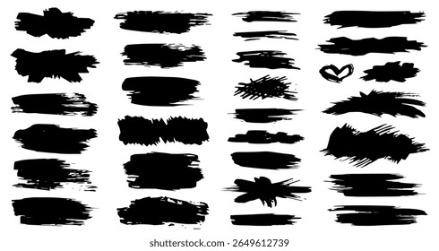 Painted grunge stripes set. Black labels, background, paint texture. Brush strokes vector. Handmade design elements. Vector illustration.