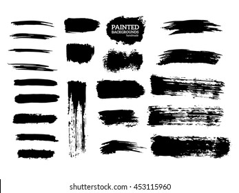 Painted grunge stripes set. Black  labels, background, paint texture. Brush strokes vector. Handmade design elements. 