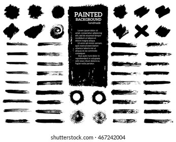 Painted grunge stripes set. Black  labels, background, paint texture. Brush strokes vector. Handmade design elements.