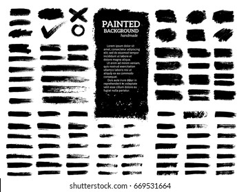 Painted grunge stripes set. Black  labels, background, paint texture. Brush strokes vector. Handmade design elements.