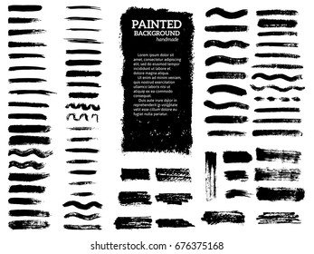 Painted grunge stripes set. Black  labels, background, paint texture. Brush strokes vector. Handmade design elements.