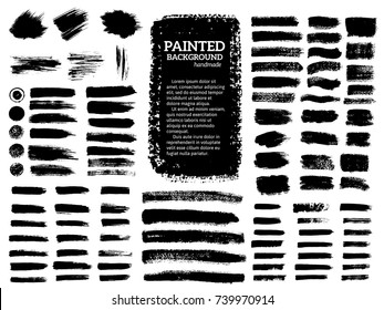 Painted grunge stripes set. Black  labels, background, paint texture. Brush strokes vector. Handmade design elements.