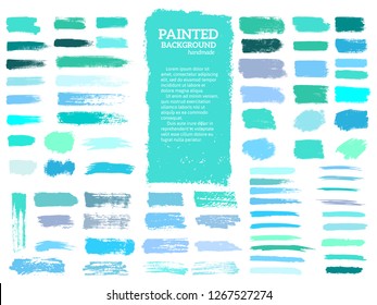 Painted grunge stripes set. Blue and green labels, background, paint texture. Brush strokes vector. Handmade design elements