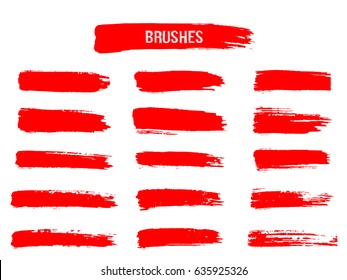 Painted grunge stripes set. Red  labels, background, paint texture. Brush strokes vector. Handmade design elements.